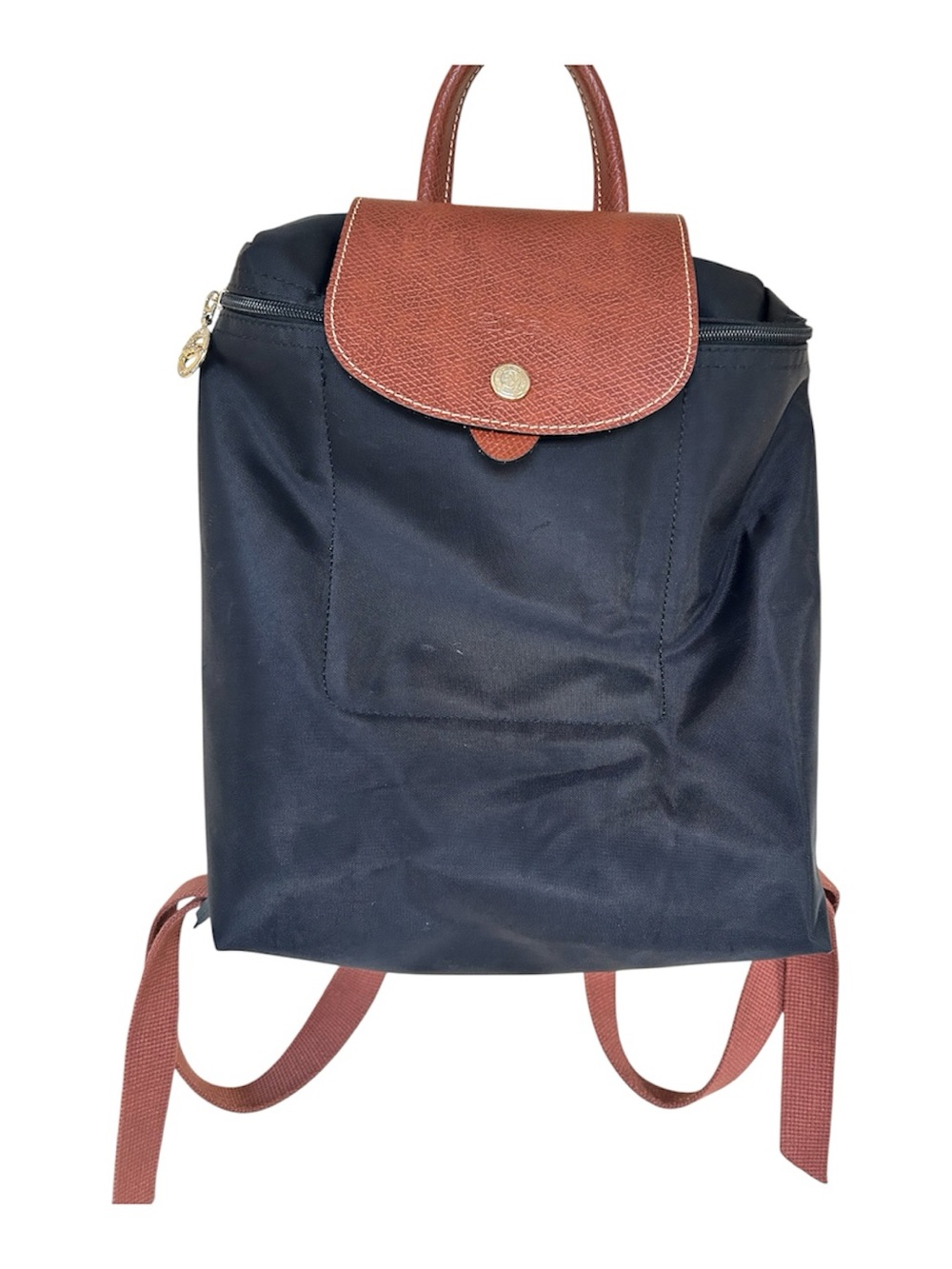 Longchamp Black Nylon Backpack with Brown Leather Flap